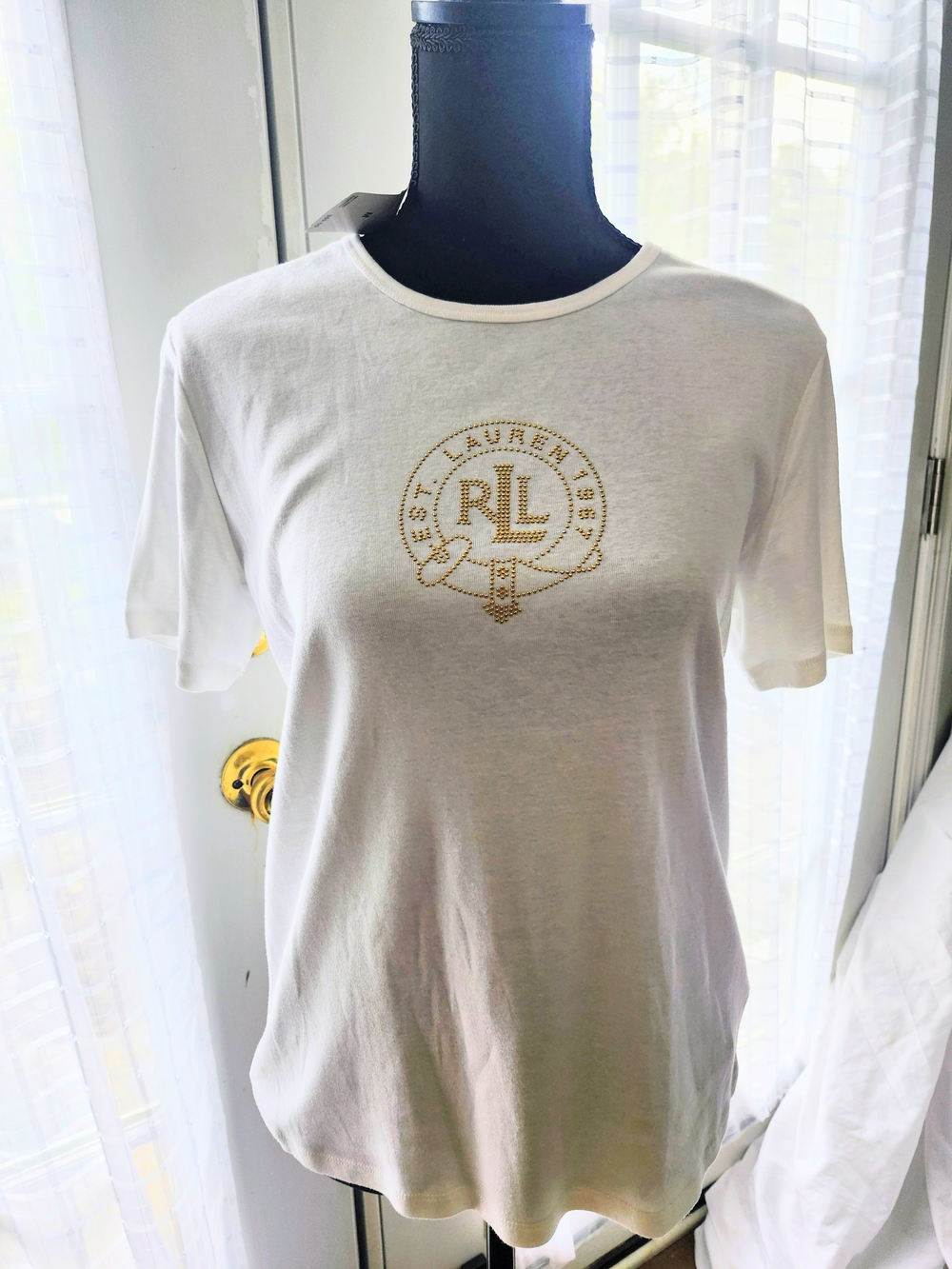 Ralph Lauren White Short Sleeve Logo Tee with Gold Embellishment